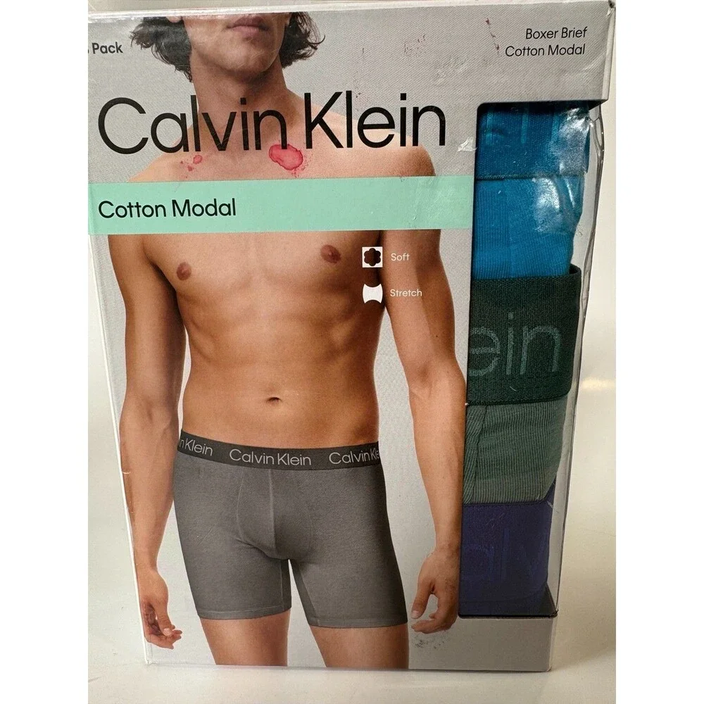 Calvin Klein Mens L Cotton Modal Boxer Briefs 3 Pack Blue Green Navy New